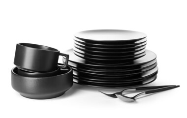 Set of black clean dishes on white background