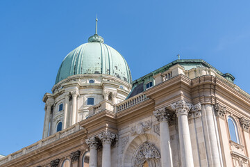 Dome of the Buda castle palace with green top part of the Hapsburg royal complex in Budapest Hungary