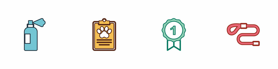 Set Pet shampoo, Clinical record pet, Dog award symbol and Retractable leash icon. Vector