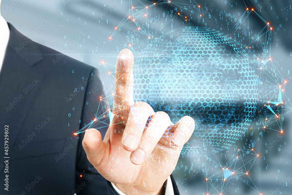 Poster Close up of businessman hand clicking at abstract globe sphere with coding and polygonal network on blurry office interior background. Future and digital world concept. Double exposure.