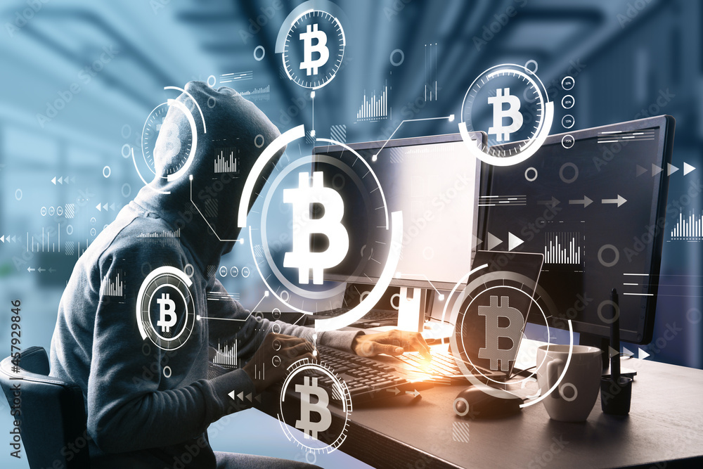 Aufkleber Side view of hacker in blurry interior using computers at desk with creative glowing bitcoin interface. Finance, hacking, theft, technology, cryptocurrency and exchange concept.
