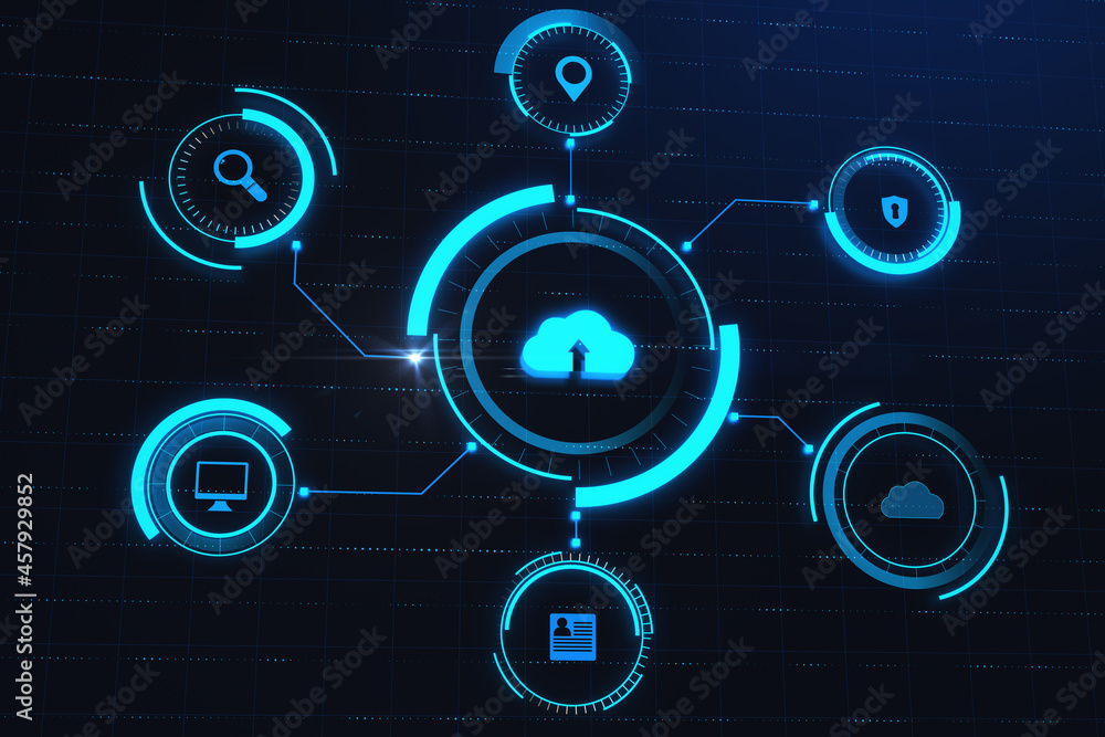 Aufkleber Abstract business interface on blue background. Cloud computing, technology and database concept. 3D Rendering.