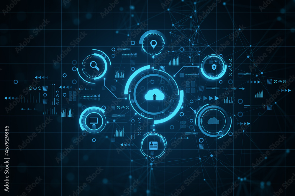 Poster Abstract business interface on blue backdrop. Cloud computing, technology and database concept. 3D Rendering.