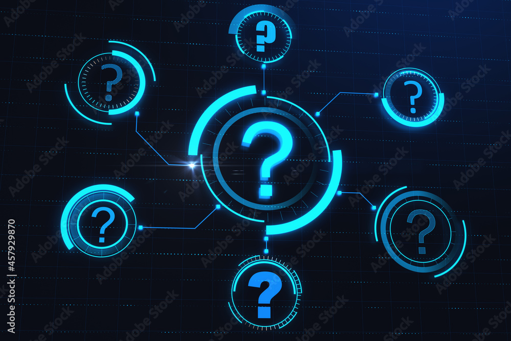 Poster Abstract glowing question marks interface on blue background. Technology, faq, online help, problem solution concept. 3D Rendering.