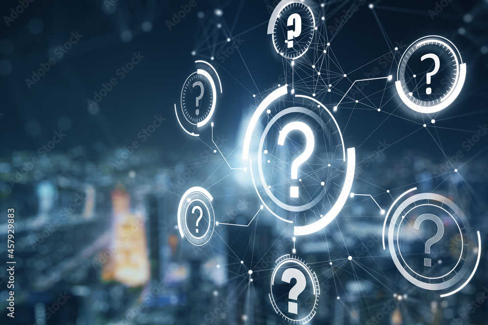 Poster abstract glowing question marks interface on blurry night city background. technology, faq, online h