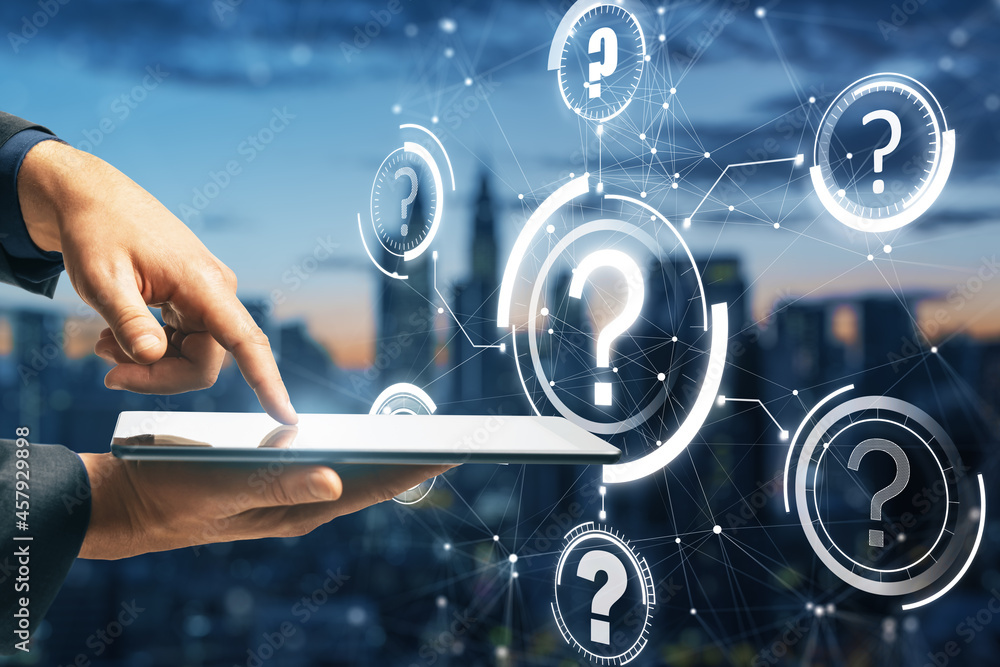 Poster Close up of businessman hand pointing at tablet with abstract glowing question marks interface on blurry night city background. Technology, faq, online help, problem solution concept. Double exposure.