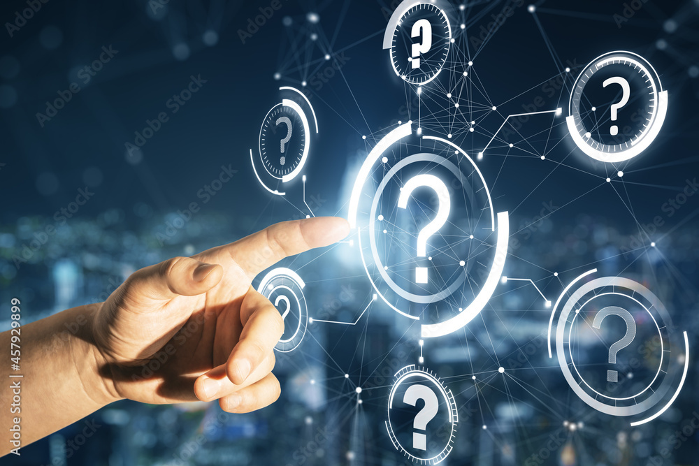 Poster close up of male hand pointing at abstract glowing question marks interface on blurry night city bac