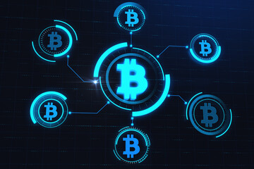 Creative glowing blue bitcoin interface on dark backdrop. Finance, technology, cryptocurrency and exchange concept. 3D Rendering.