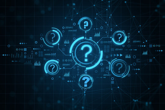 Abstract glowing question marks interface on blue backdrop. Technology, faq, online help, problem solution concept. 3D Rendering.