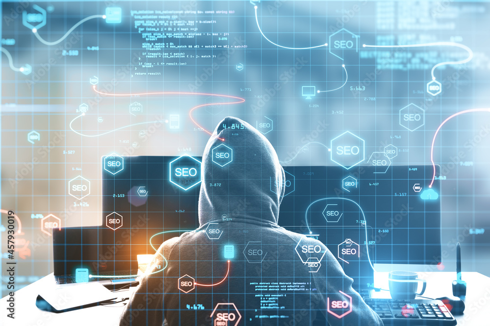 Aufkleber Back view of hacker at desktop using abstract interface with glowing SEO hologram and icons on blurry background. Search engine optimization, hacking and coding concept. Double exposure.