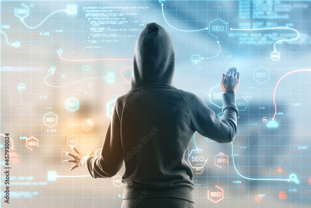 Poster Hacker using abstract interface with glowing SEO hologram and icons on blurry background. Search engine optimization, hacking and coding concept. Double exposure.
