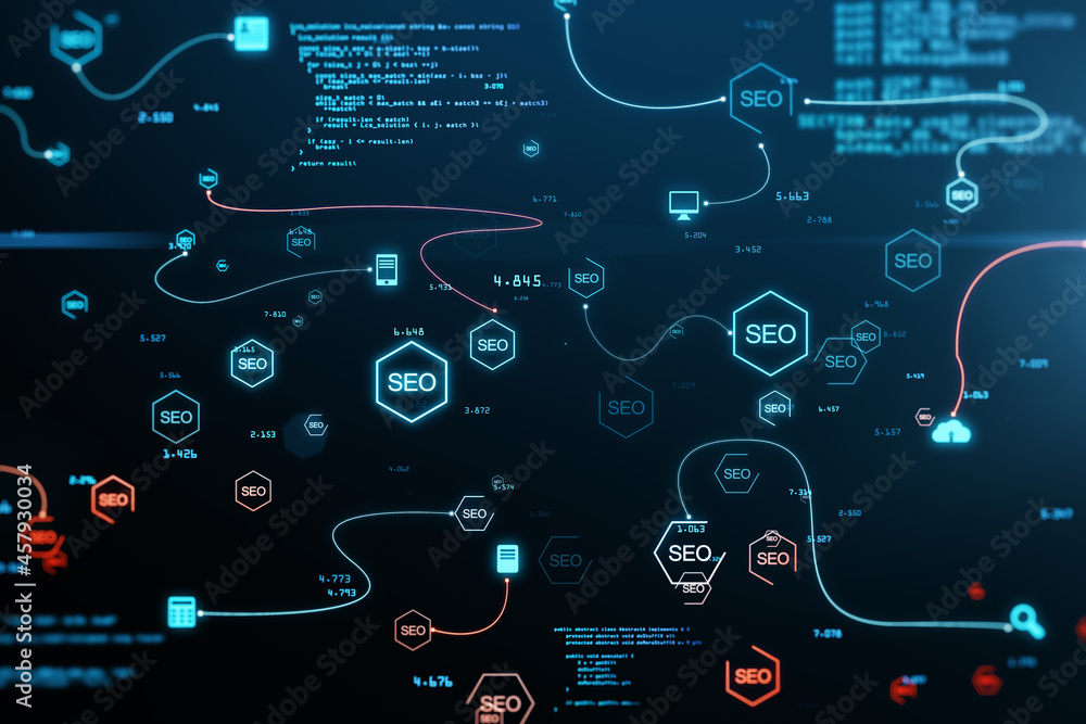 Fototapete Abstract glowing SEO background with icons. Search engine optimization and coding concept. 3D Rendering.