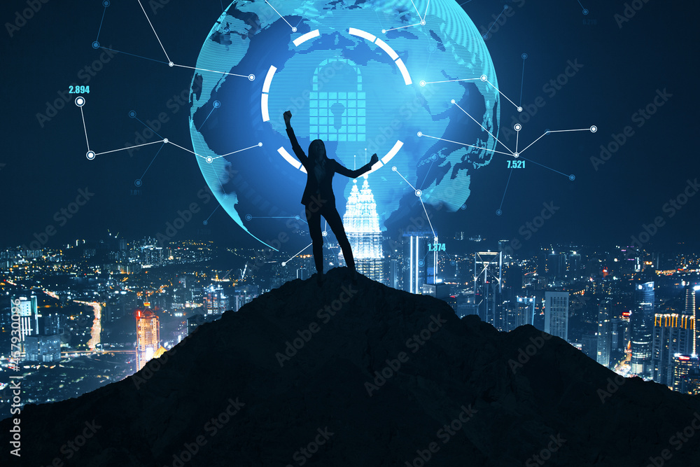 Sticker businesswoman on backlit hill holding abstract polygon globe hologram on illuminated night city back