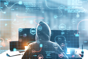 Back view of hacker at desktop using abstract interface with glowing SEO hologram and icons on blurry background. Search engine optimization, hacking and coding concept. Double exposure.