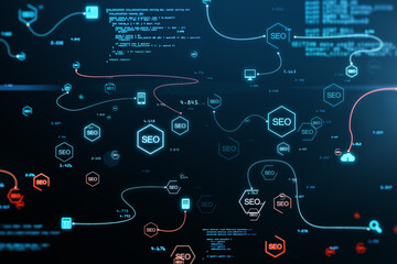 Abstract glowing SEO background with icons. Search engine optimization and coding concept. 3D Rendering.