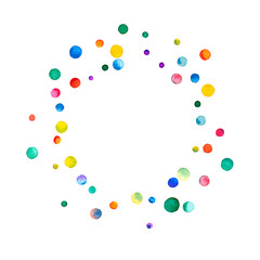 Watercolor confetti on white background. Adorable rainbow colored dots. Happy celebration square colorful bright card. Posh hand painted confetti.