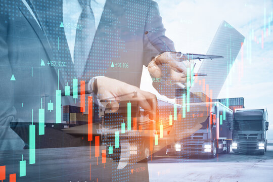 Businessmen With Laptop Standing On Abstract Double Exposure Background With Forex Graph, Cargo Airplane, Truck And Ship. Teamwork, Business, Shipping, Trade And Logistics Concept.