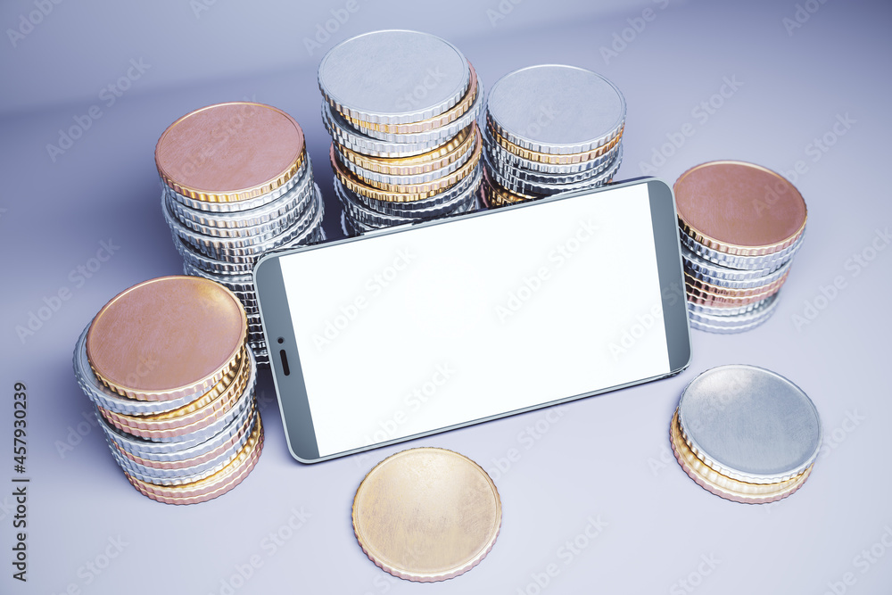 Poster Close up of empty white mock up smartphone with stacked coins on light background. Online banking, digital transformation and technology concept. 3D Rendering.