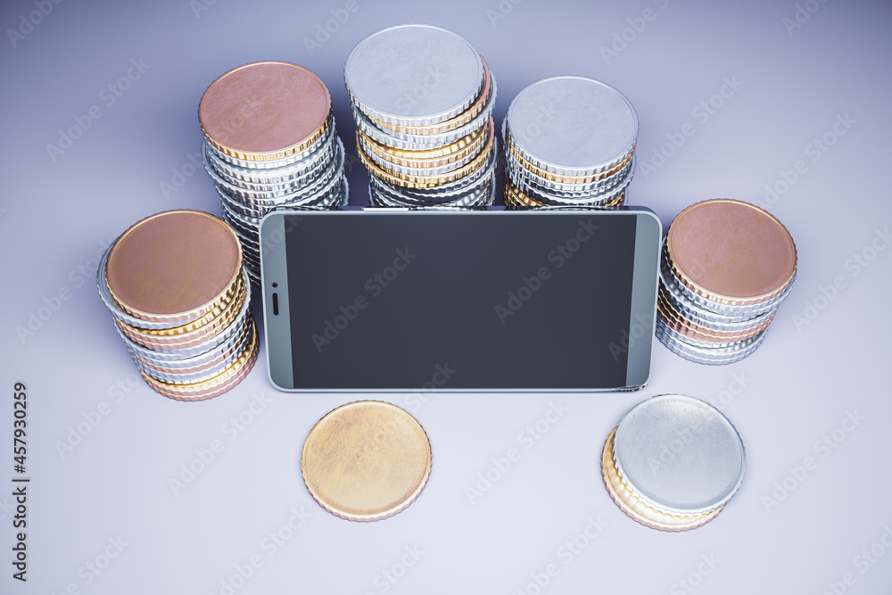 Poster Close up of empty mock up smartphone with stacked coins on light background. Online banking, digital transformation and technology concept. 3D Rendering.