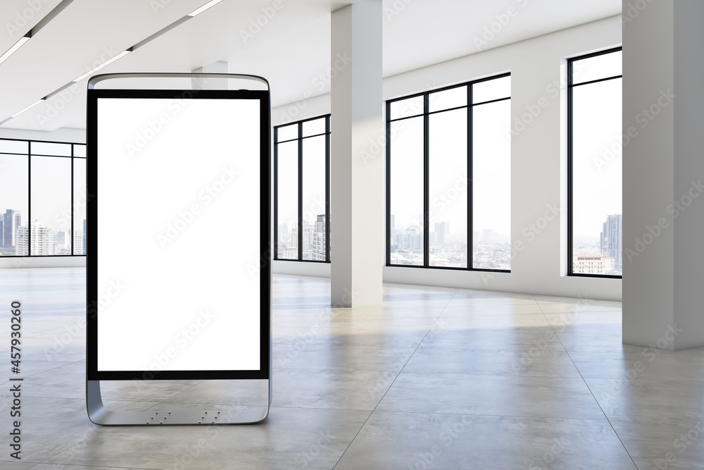 Poster modern empty concrete room interior with windows empty poster stand, city view, sunlight and shadows
