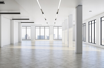 Contemporary empty concrete room interior with windows, city view, sunlight and shadows. 3D Rendering.