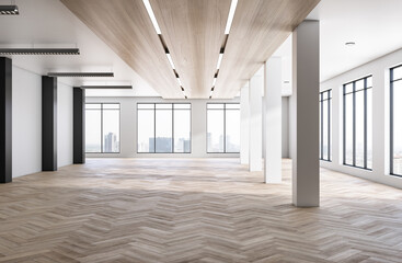 Contemporary empty concrete room interior with windows, city view, sunlight, wooden flooring and shadows. 3D Rendering.
