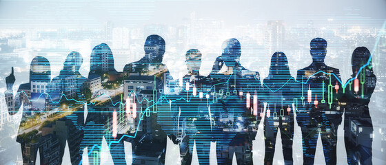 Wide image of businesspeople silhouettes standing on abstract night city background with forex chart. Teamwork, trade and success concept. Double exposure.