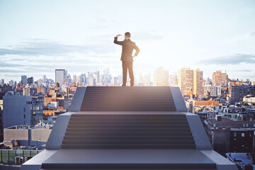 Fototapeta na wymiar Back view of young caucasian male standing on top of stairs on bright city background with sky view. Leadership, growth and success concept.