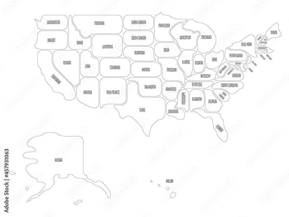 Poster simplified map of usa, united states of america. rounded shapes of states with smooth border. simple