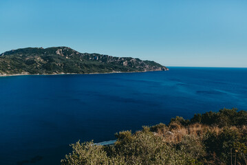 View to seascape with clear blue water. Amazing azure Mediterranean background. Travel destination,...