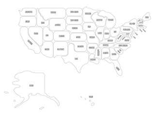Simplified map of USA, United States of America. Rounded shapes of states with smooth border. Simple flat vector map with state name labels