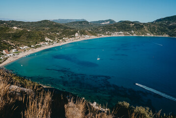 View to seascape with clear blue water. Amazing azure Mediterranean background. Travel destination,...