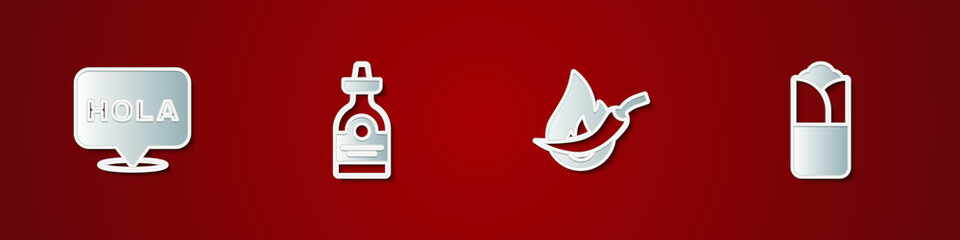 Set Hola, Tequila bottle, Hot chili pepper pod and Burrito icon. Vector © vector_v