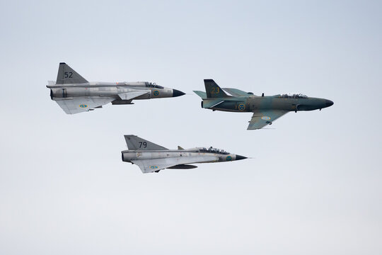 NATO DAYS, OSTRAVA, Czech republic - SEPTEMBER 18, 2021: Saab AJS37 Viggen at Leo&scaron; Jan&aacute;ček Airport Ostrava.  Swedish Air force J32 Lansen, SK 35C Draken and saab ajs37 viggen.