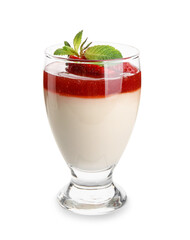 Delicious panna cotta with strawberry in glass on white background