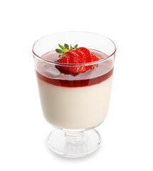 Glass with delicious homemade strawberry panna cotta on white background