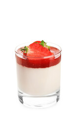 Delicious strawberry panna cotta in glass on white background