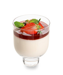 Delicious panna cotta with strawberry and mint in glass on white background