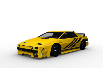 3D rendering of a yellow and black cyberpunk style futuristic car isolated on a white background.