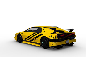 Rear perspective 3D rendering of a yellow and black cyberpunk style futuristic car isolated on a white background.