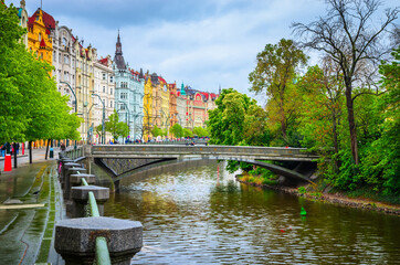 Old Town architecture and  Vltava river in Prague, Czech Republic.