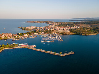 Naklejka na ściany i meble Aerial sunset view of old town and port of Sozopol, Bulgaria