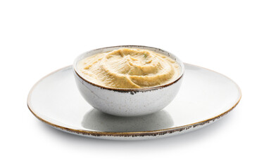 Plate and bowl with tasty baba ghanoush on white background