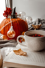 cozy atmosphere, autumn, hot tea, pumpkin