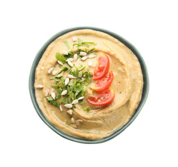 Bowl of tasty baba ghanoush with sunflower seeds on white background