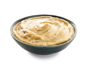 Bowl with tasty baba ghanoush on white background