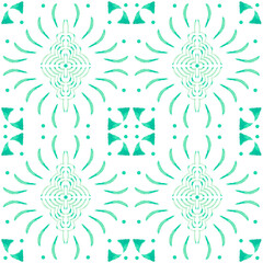 Azulejo watercolor seamless pattern. Traditional Portuguese ceramic tiles. Hand drawn abstract background. Watercolor artwork for textile, wallpaper, print, swimwear design. Green azulejo pattern.