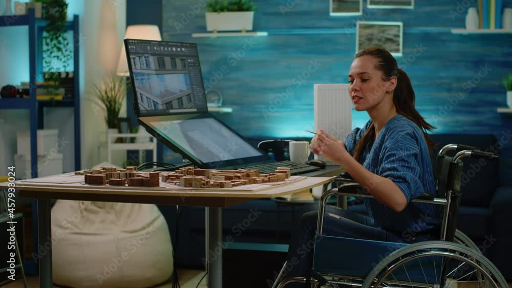 Poster engineer with disability using touch screen for building model at office. invalid architect in wheel