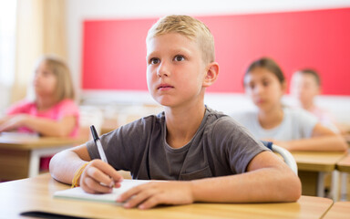 Fototapeta na wymiar Schoolchildren studying in classroom during lesson. Boy sitting in foreground.