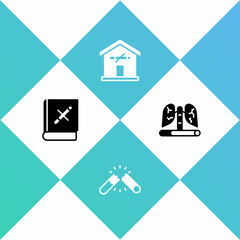 Set Book with stop cigarette, Broken, No smoking at home and Disease lungs icon. Vector